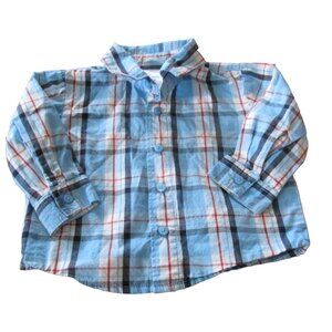 Little Wonders Button Up Dress Shirt Boys 3-6M Blue Plaid Long Sleeve Collar Top